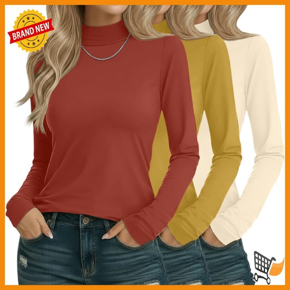 3 Pack Women's Cotton Mock Turtleneck Long Sleeve Tops Basic Tees